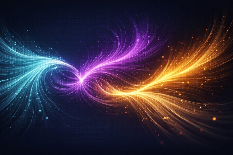 Visualisation abstraite de trois vecteurs émotionnels d'une IA : calme (cyan), stress (violet), contentement (ambre)